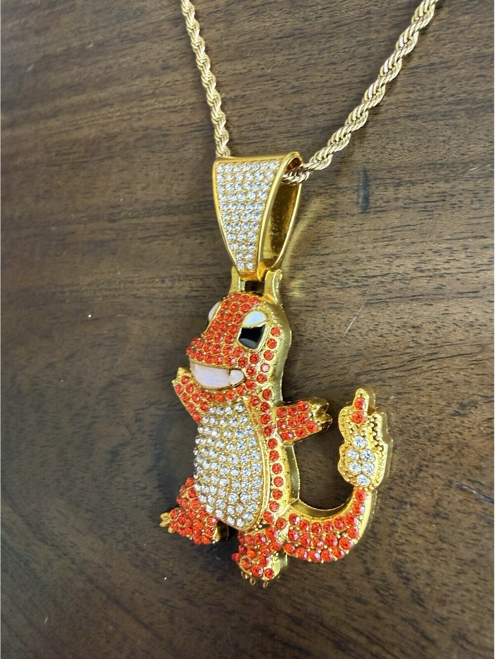 Pokemon Charmander Iced Out Pendant Gold Tone Rope Chain Necklace CZ - Picture 3 of 6